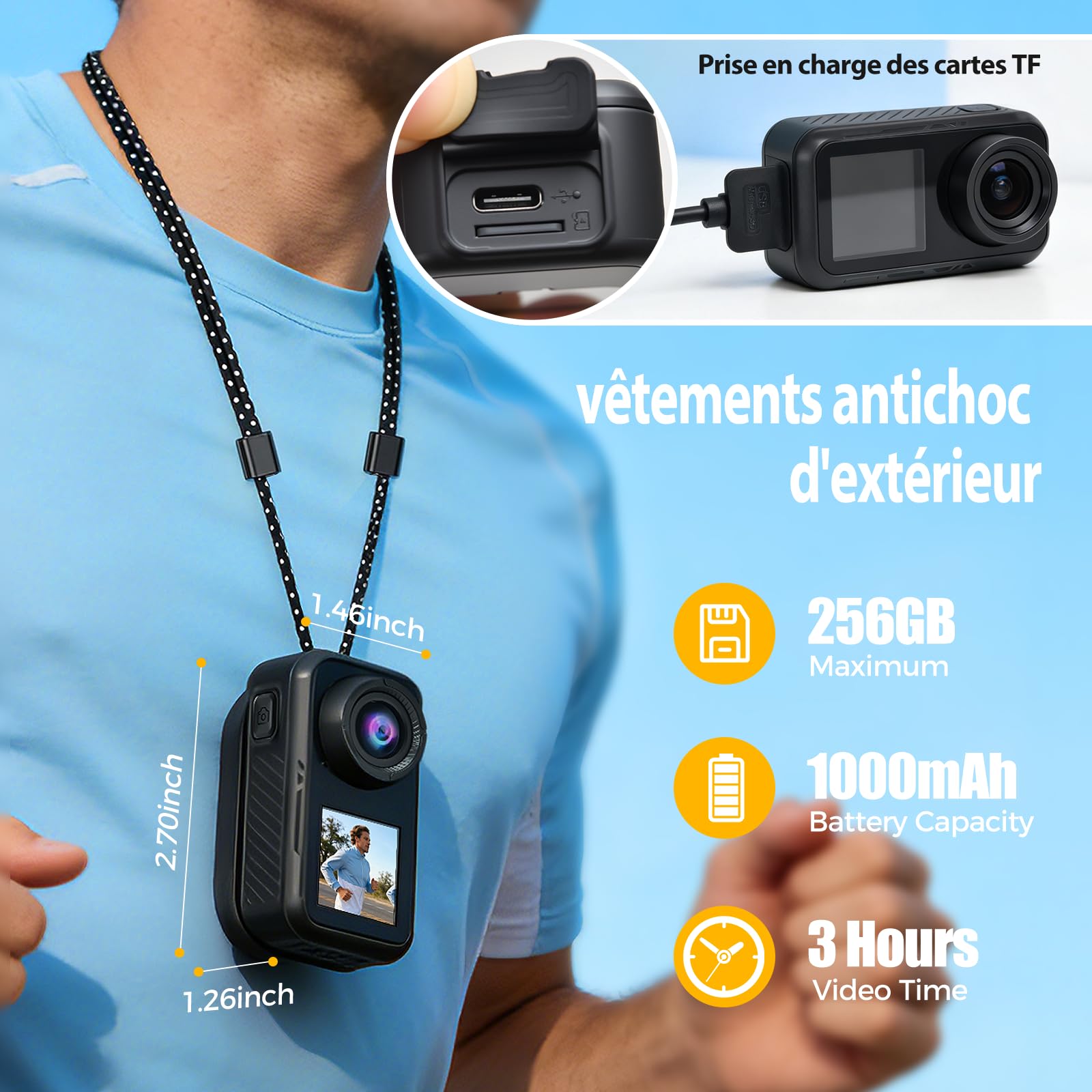 Caméra sport 4K 60fps double écran WiFi 130° stabilisation action cam