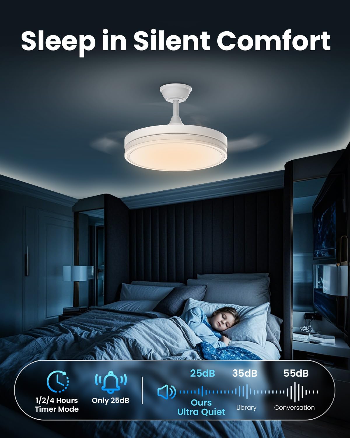 Ventilateur de plafond rétractable 106 cm LED — silencieux 6 vitesses — vue 3