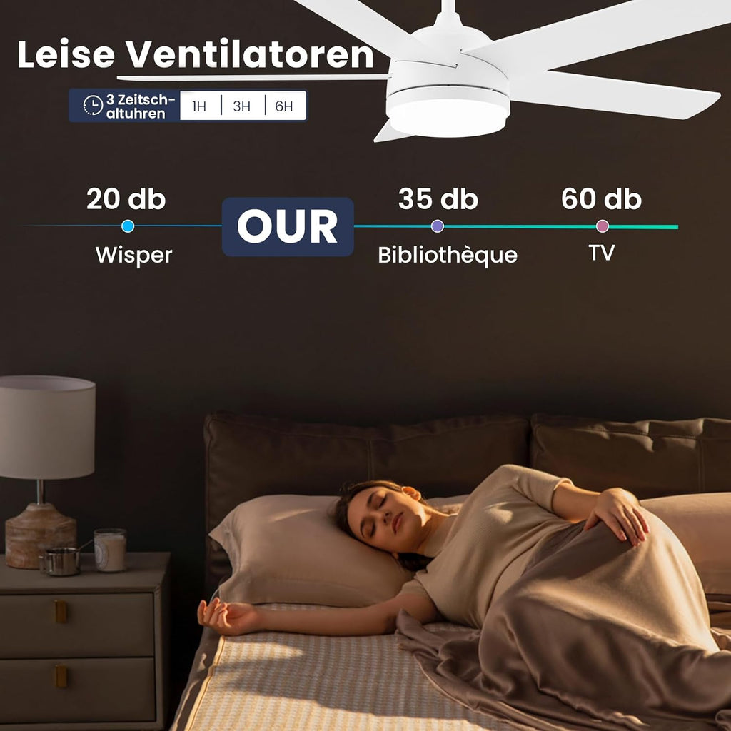 Ventilateur de plafond 152 cm blanc/bois LED — silencieux, 6 vitesses — vue 6