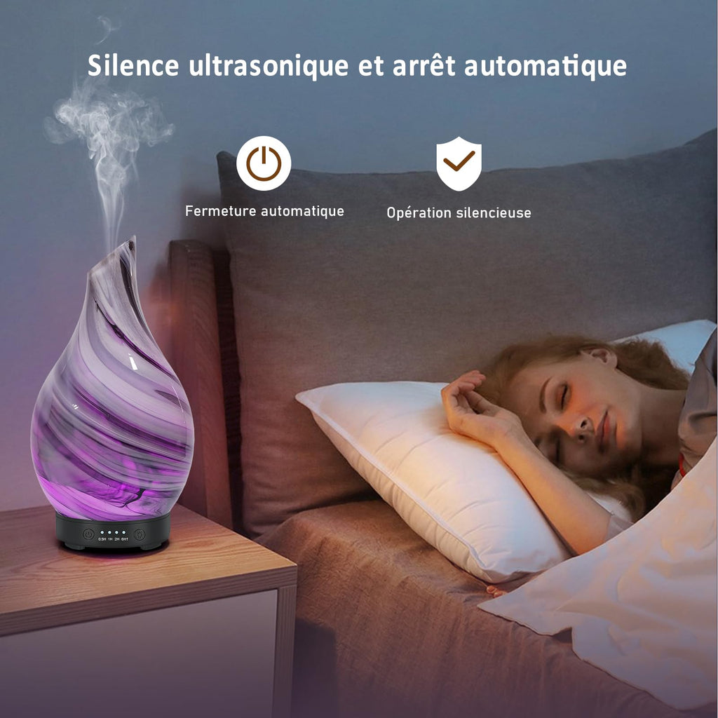 Diffuseur d'huiles essentielles verre soufflé 150 ml — ultrasons silencieux, lumière d'ambiance, 4 modes, arrêt auto