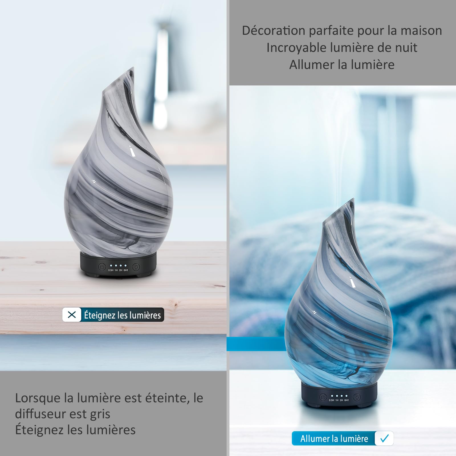 Diffuseur d'huiles essentielles verre soufflé 150 ml — ultrasons silencieux, lumière d'ambiance, 4 modes, arrêt auto