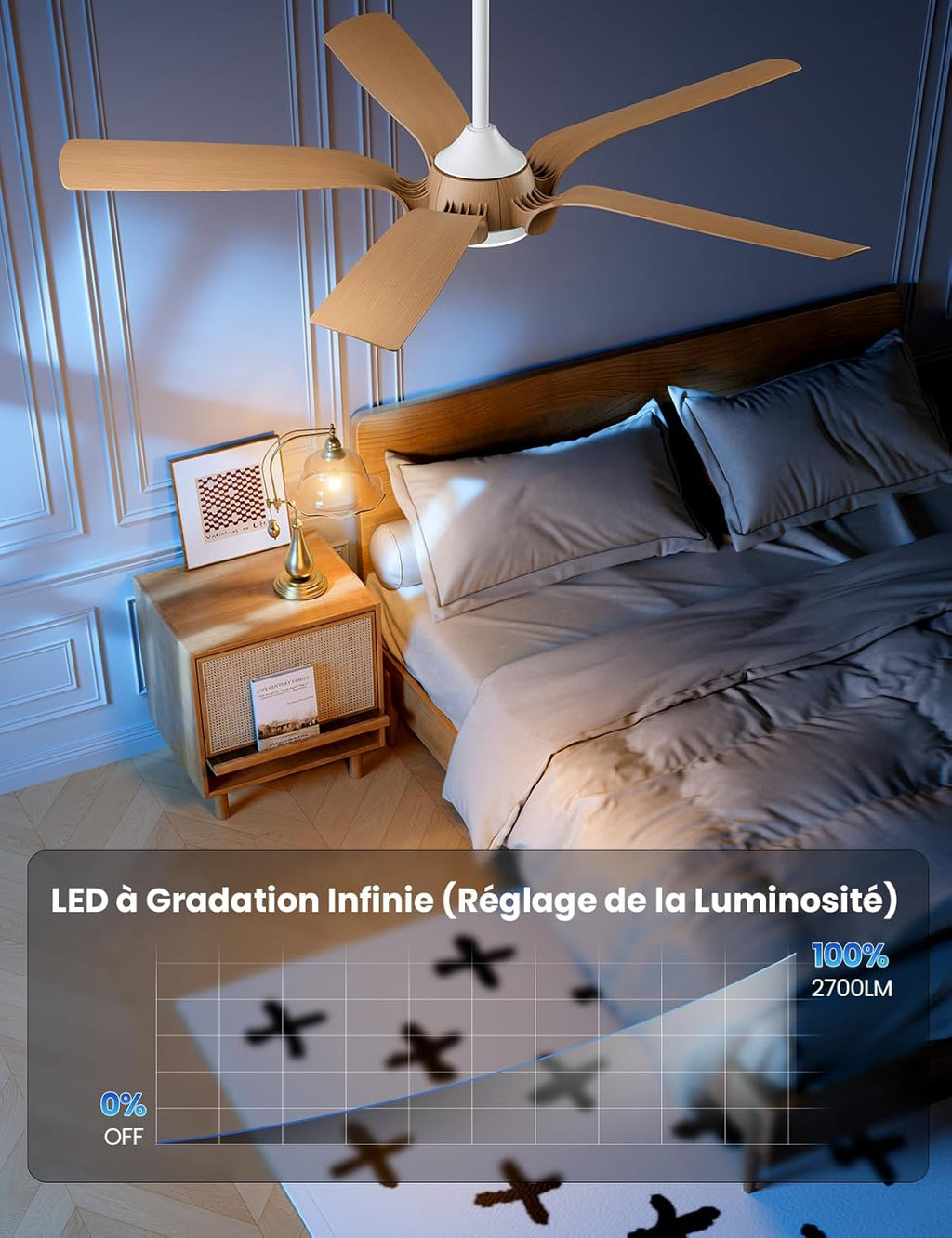 Ventilateur de plafond 142 cm télécommande LED — bois clair silencieux — vue 5