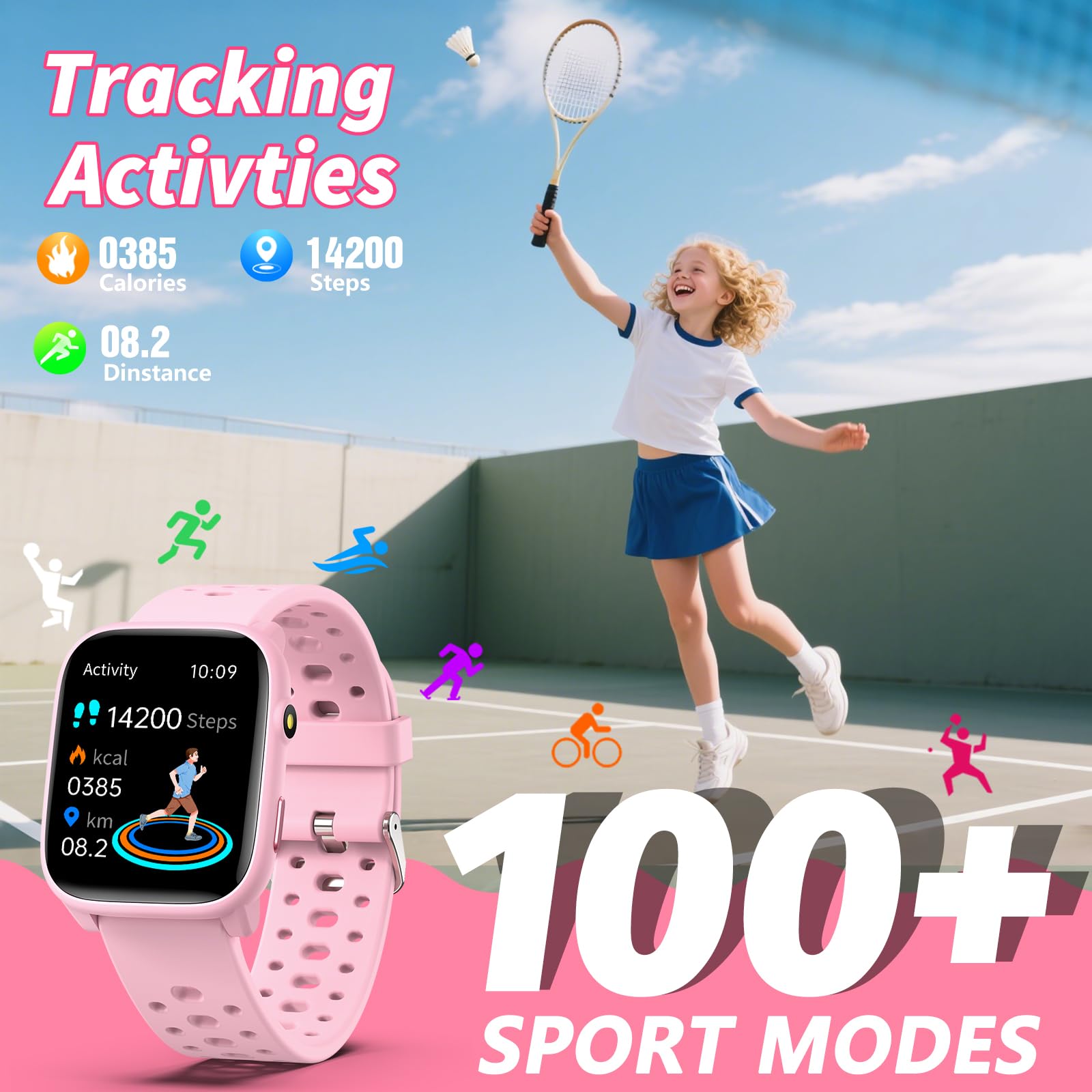 Montre connectée enfant HD 1,83" — 100+ modes sport, podomètre, 100+ cadrans