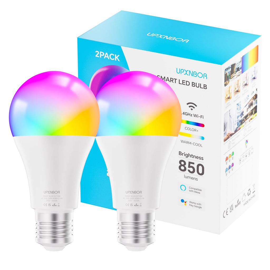 Ampoules LED connectées E27 (lot de 2) — WiFi + Bluetooth, 16 millions de couleurs, 850 lm, compatible Alexa & Google