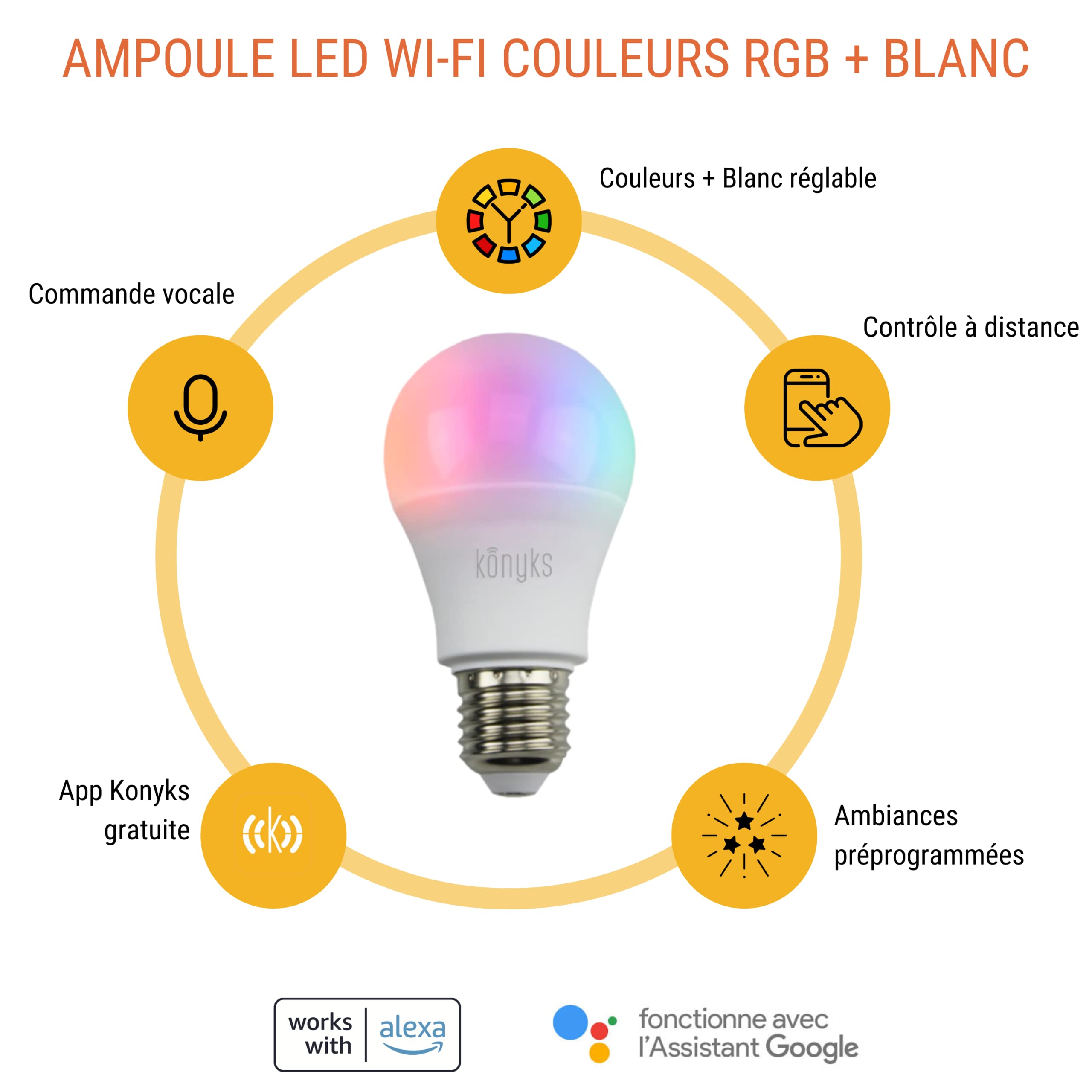 Ampoule connectée WiFi Bluetooth E27 1055 lumens 11W couleurs RGB