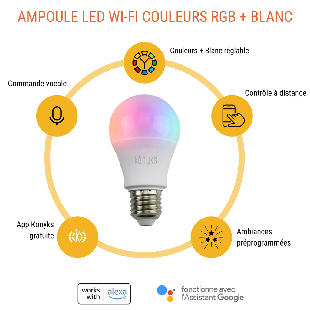 Ampoule LED connectée E27 — WiFi + Bluetooth, 1055 lm, 16 millions de couleurs + blanc réglable, compatible Alexa & Google