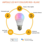 Ampoule LED connectée E27 — WiFi + Bluetooth, 1055 lm, 16 millions de couleurs + blanc réglable, compatible Alexa & Google