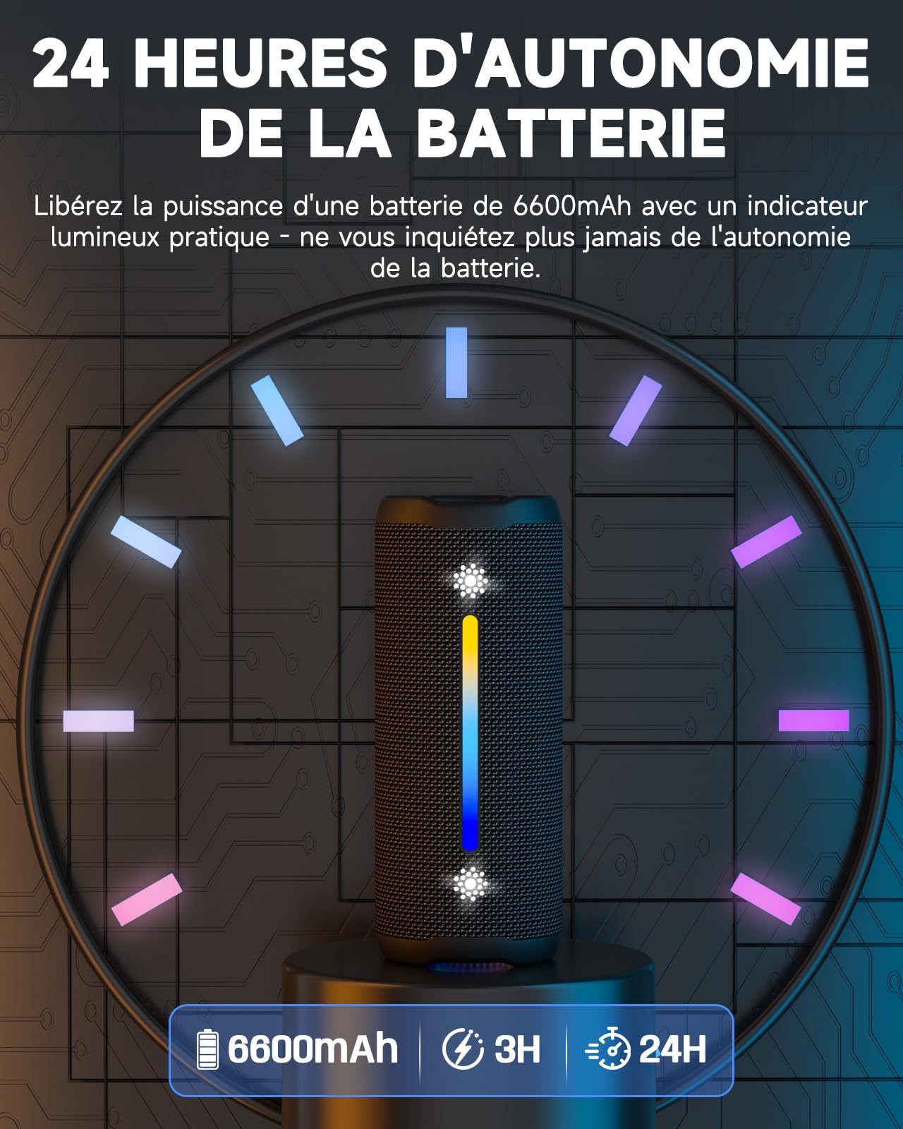 Enceinte Bluetooth lumineuse 25W — woofer + tweeter, 6 effets RGB, IPX7, 24h
