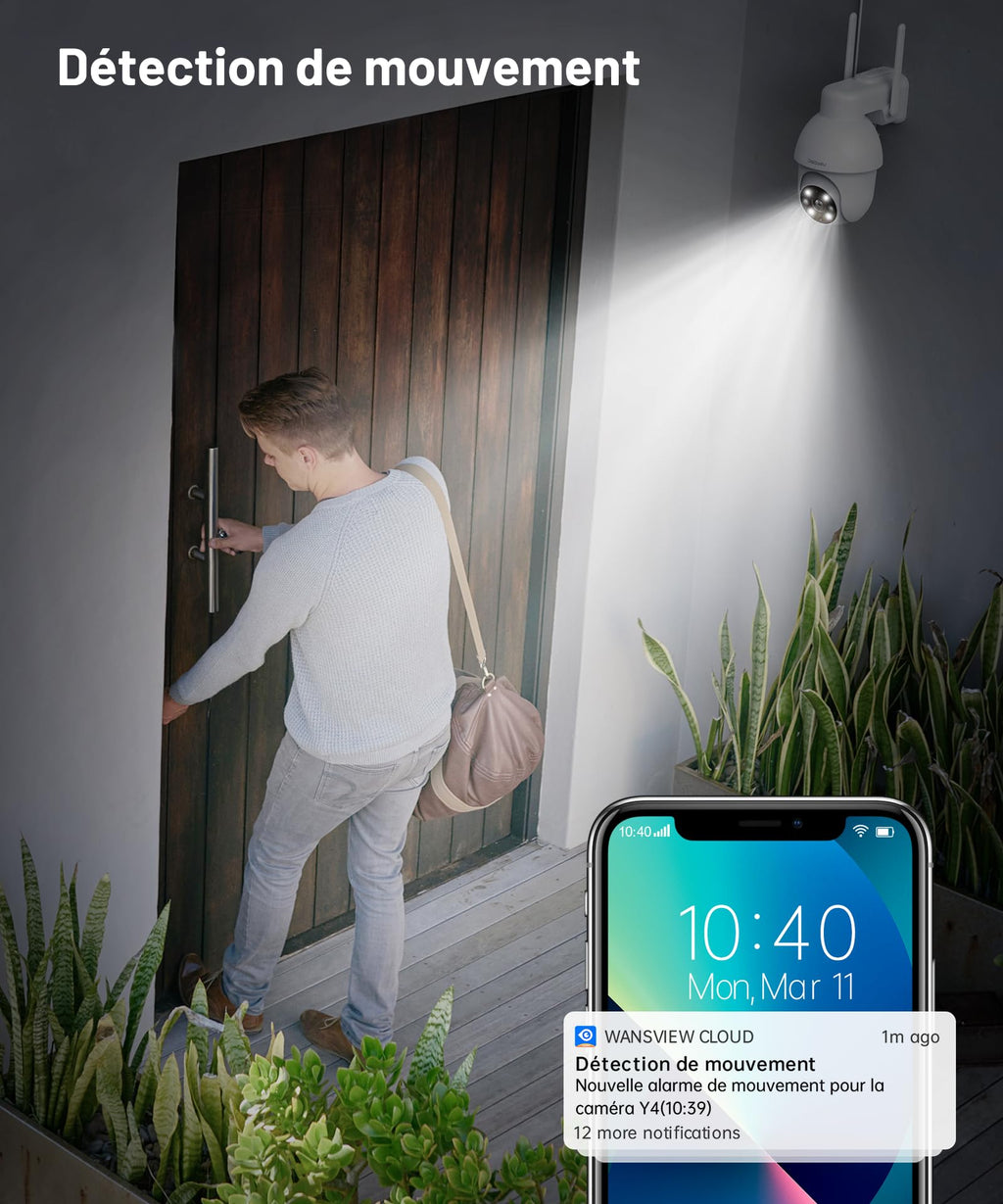 Caméra extérieure WiFi 2K PTZ 360° — vision nocturne couleur, sirène, enregistrement 24/7, IP65