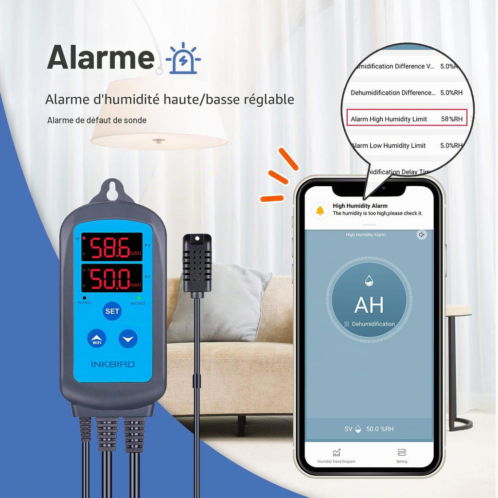 Prise hygrostat connectée WiFi — sonde d'humidité, contrôle app, double relais humidificateur/déshumidificateur