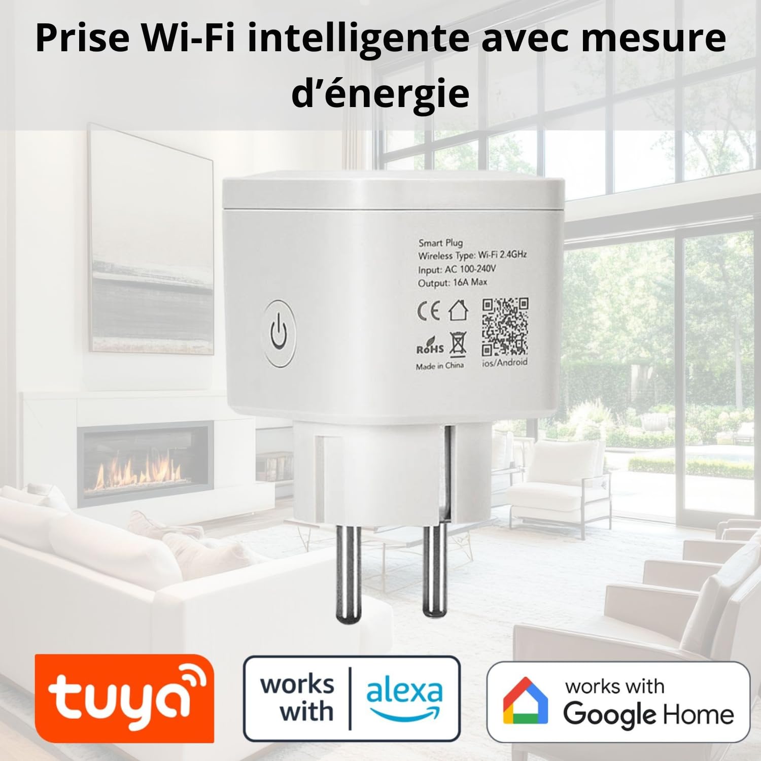 Prise connectée WiFi 16A 3680W mesure consommation électrique intelligente