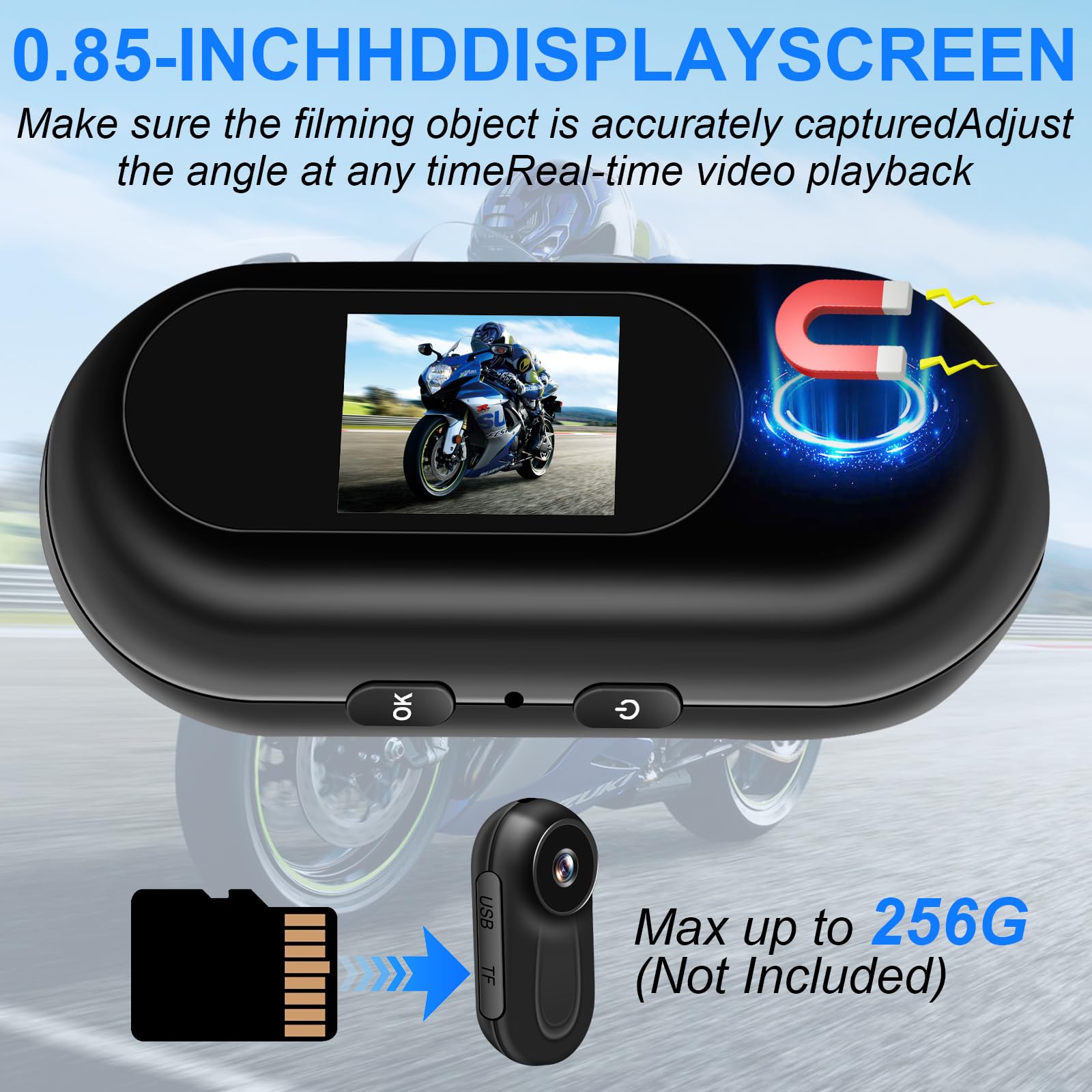 Mini caméra casque 1080P 27 g — écran HD, longue autonomie, kit de fixations universel