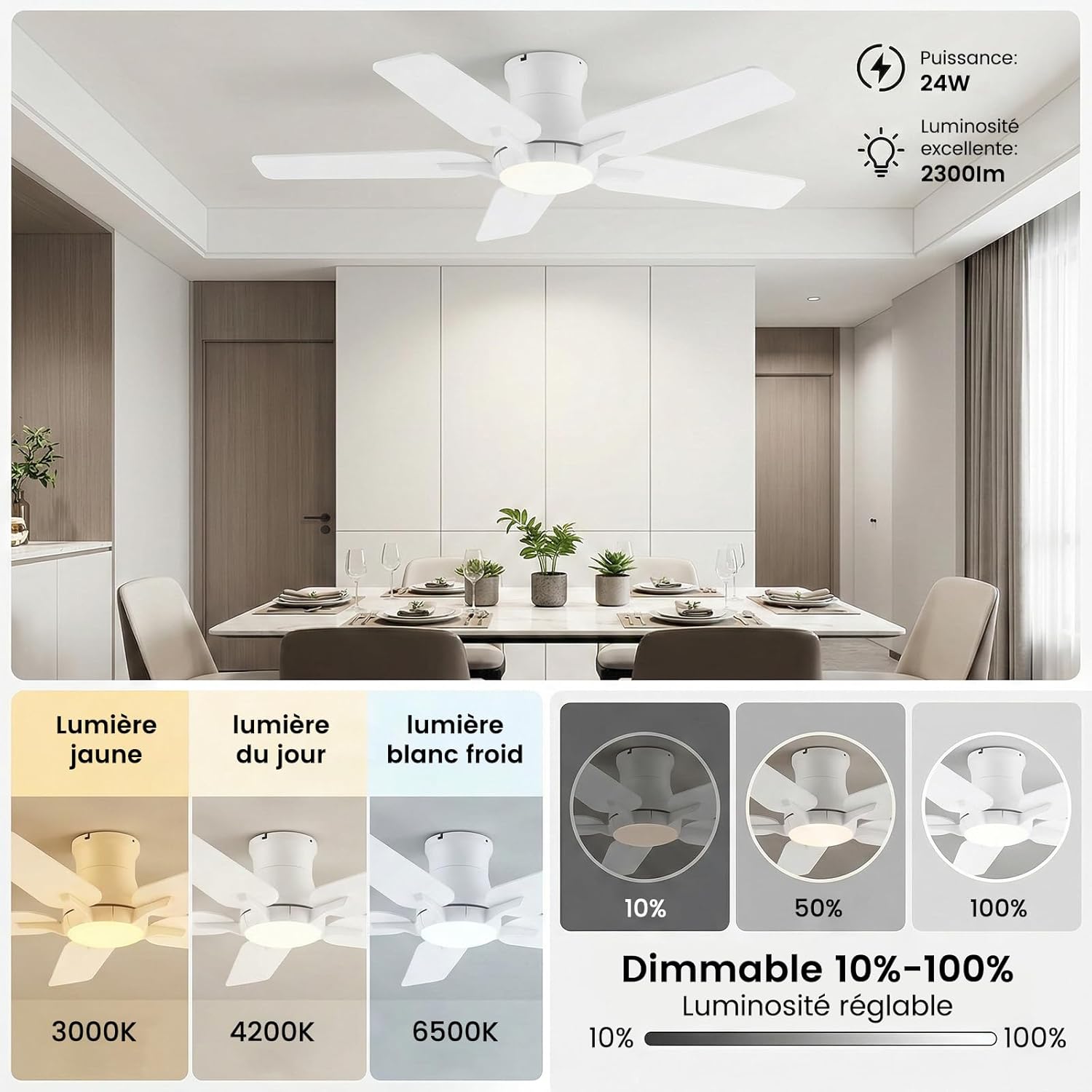 Ventilateur de plafond 122 cm LED 3 couleurs — moteur DC silencieux — vue 4