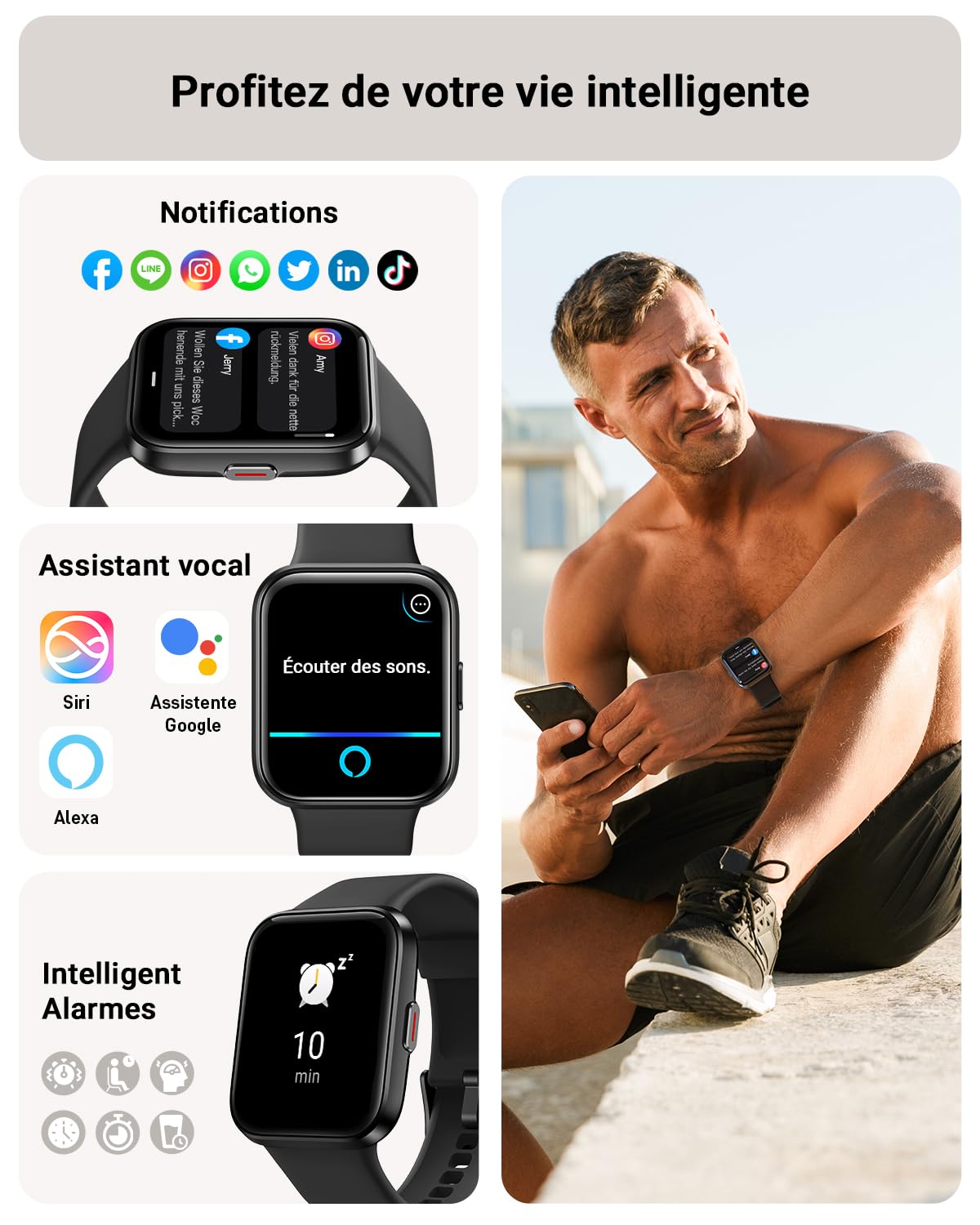 Montre connectée homme femme 1,85" Alexa — 100+ modes sport, SpO2, 3ATM