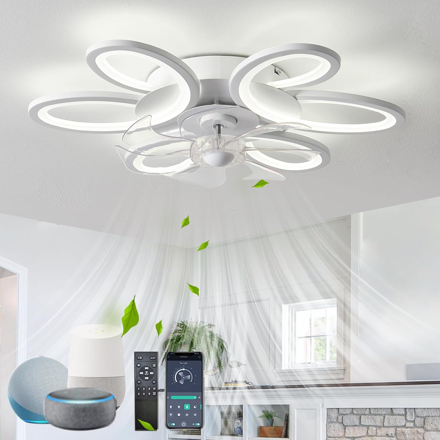 Ventilateur de plafond lustre LED Alexa — design fleurs élégant — vue 1