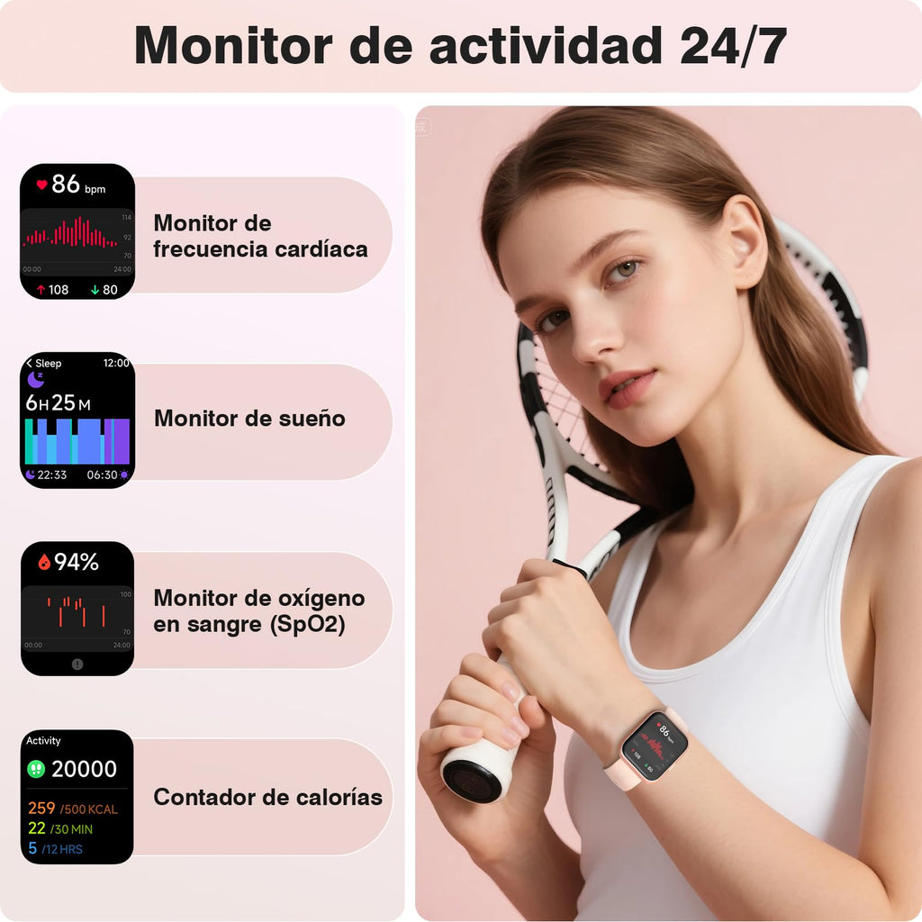 Montre connectée femme 1,8" — appels Bluetooth, Alexa, 120 modes sport, IP68