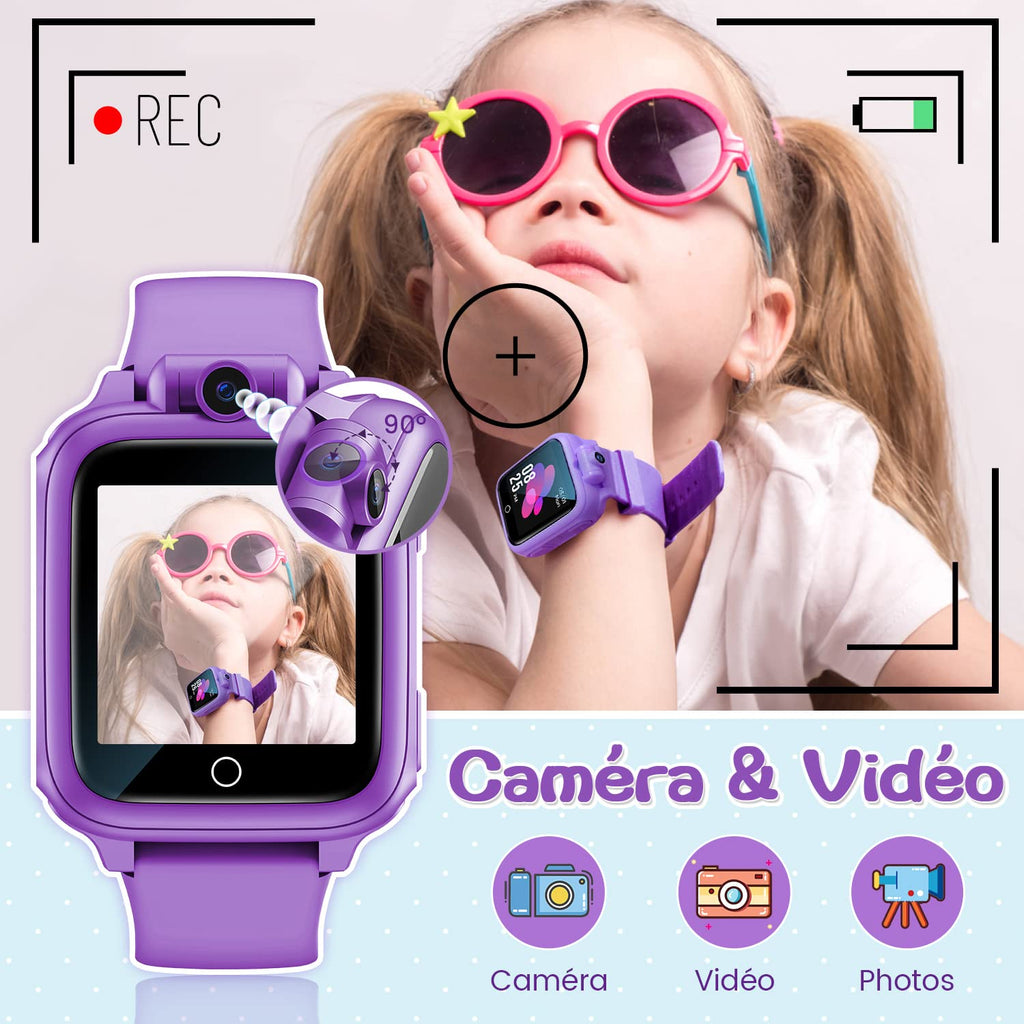Montre connectée enfant jouet — caméra rotative, 14 jeux, mode école (3-12 ans)