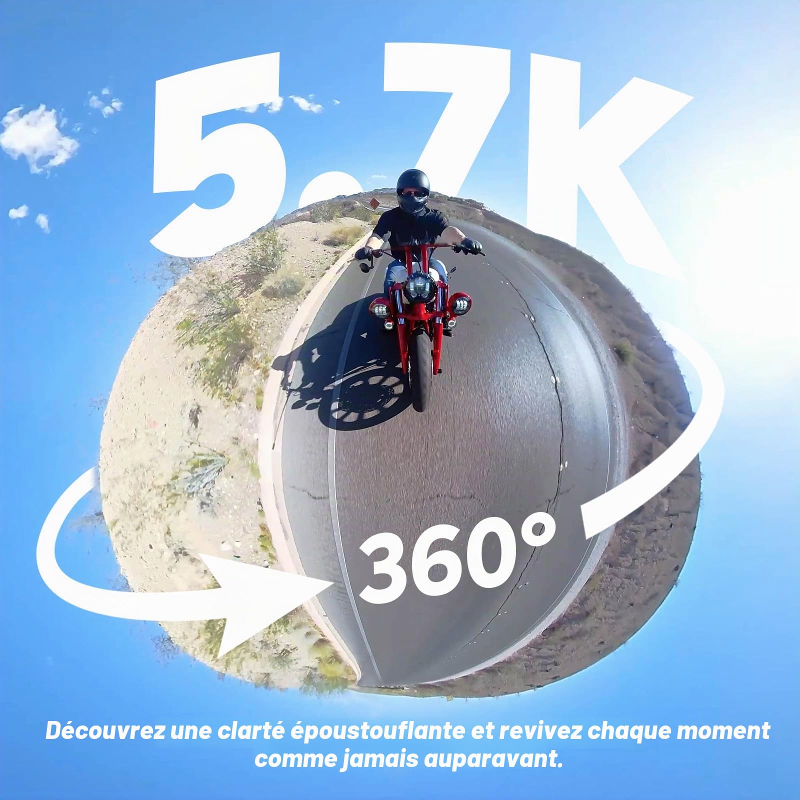Caméra sport 360° kit moto 5.7K 128Go action cam étanche stabilisée