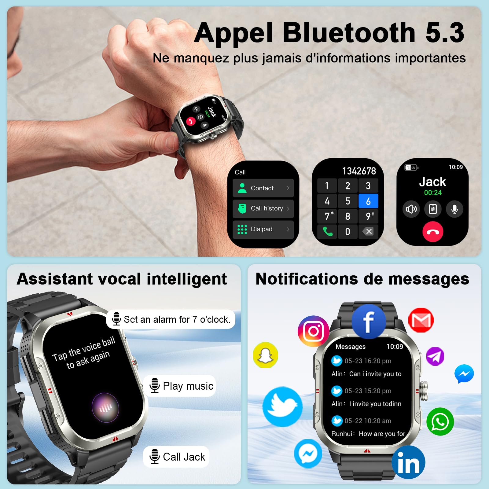 Montre connectée homme GPS intégré 2,06 pouces HD appel Bluetooth sport