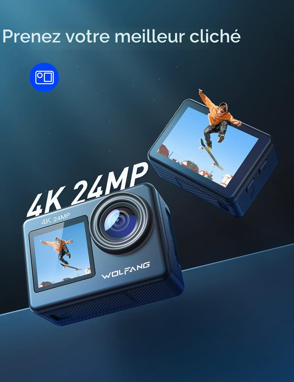 Caméra sport 4K UHD 24MP double écran — étanche 40 m, WiFi, 2 batteries + station de charge, kit accessoires