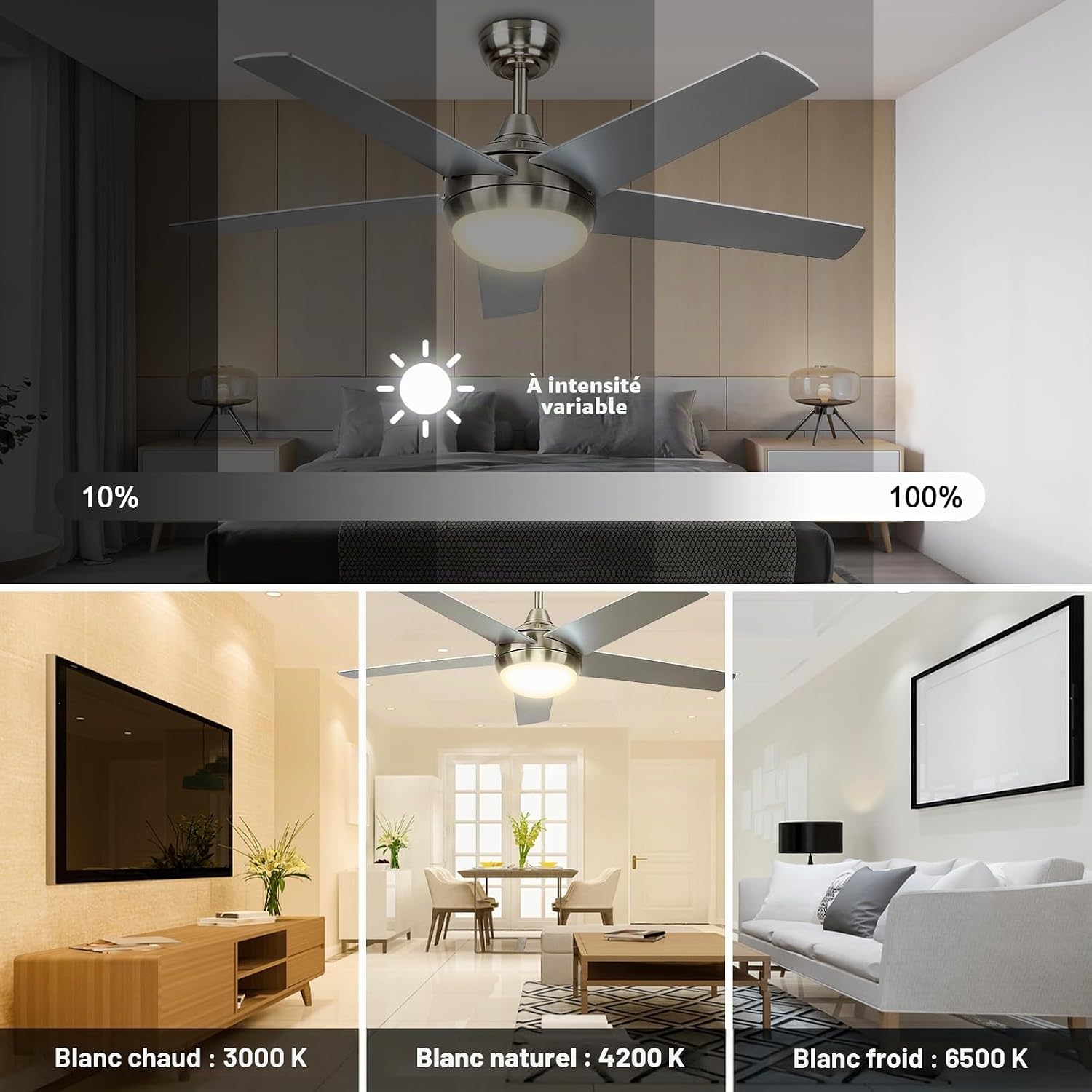 Ventilateur de plafond 132 cm silencieux LED — télécommande, minuterie — vue 3
