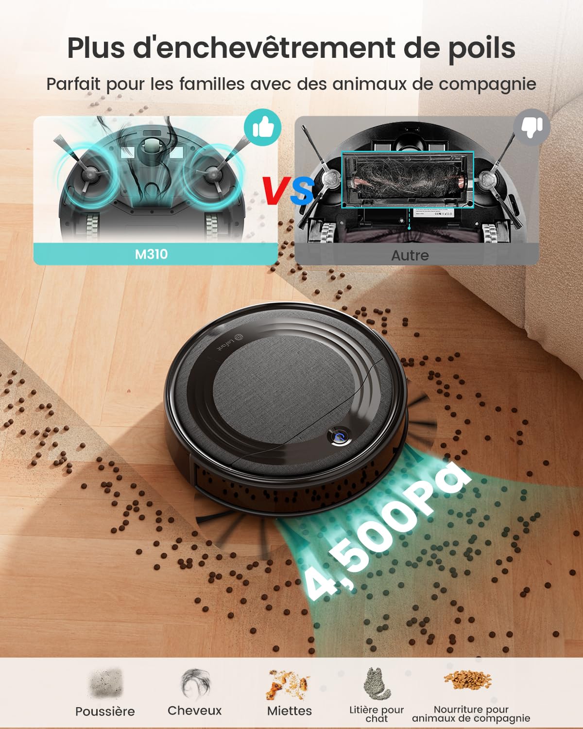 Robot aspirateur 4500Pa navigation précise 150min filtre HEPA LiDAR