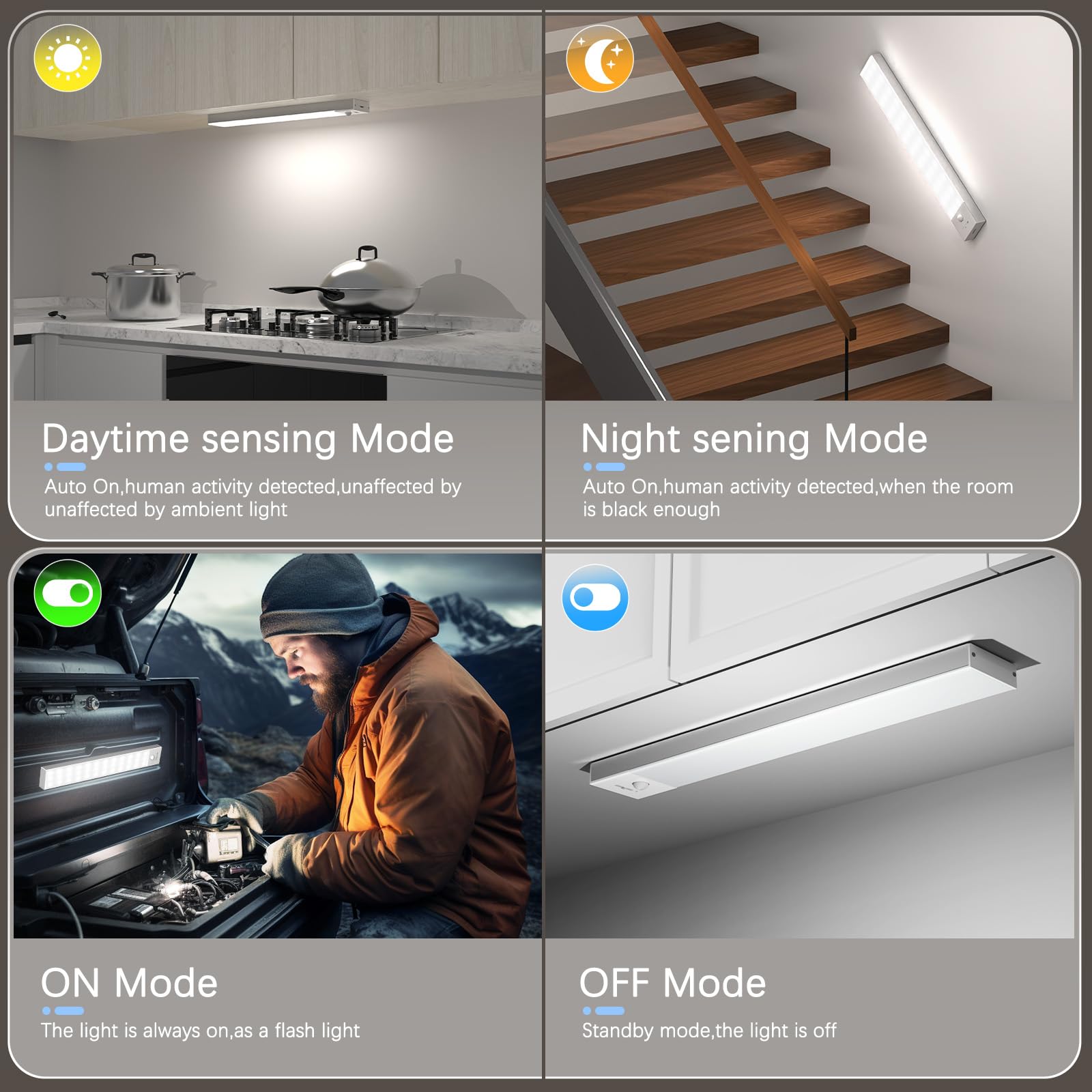 Réglettes LED à détecteur de mouvement (lot de 2) — 36 LED, 5000K, rechargeables USB, sans fil, aimantées