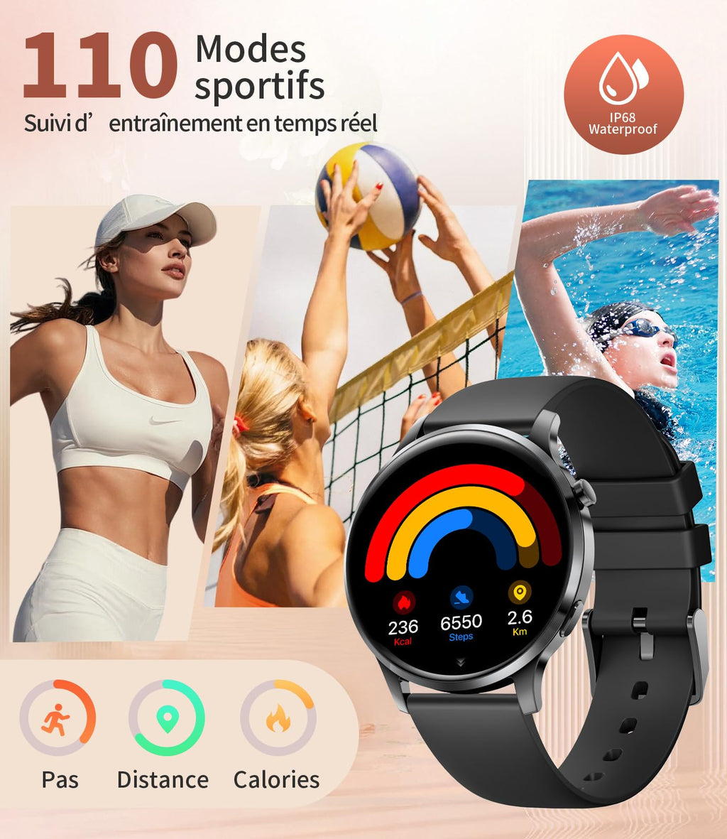 Montre connectée femme sport AMOLED 1,32 pouces appel Bluetooth santé fitness