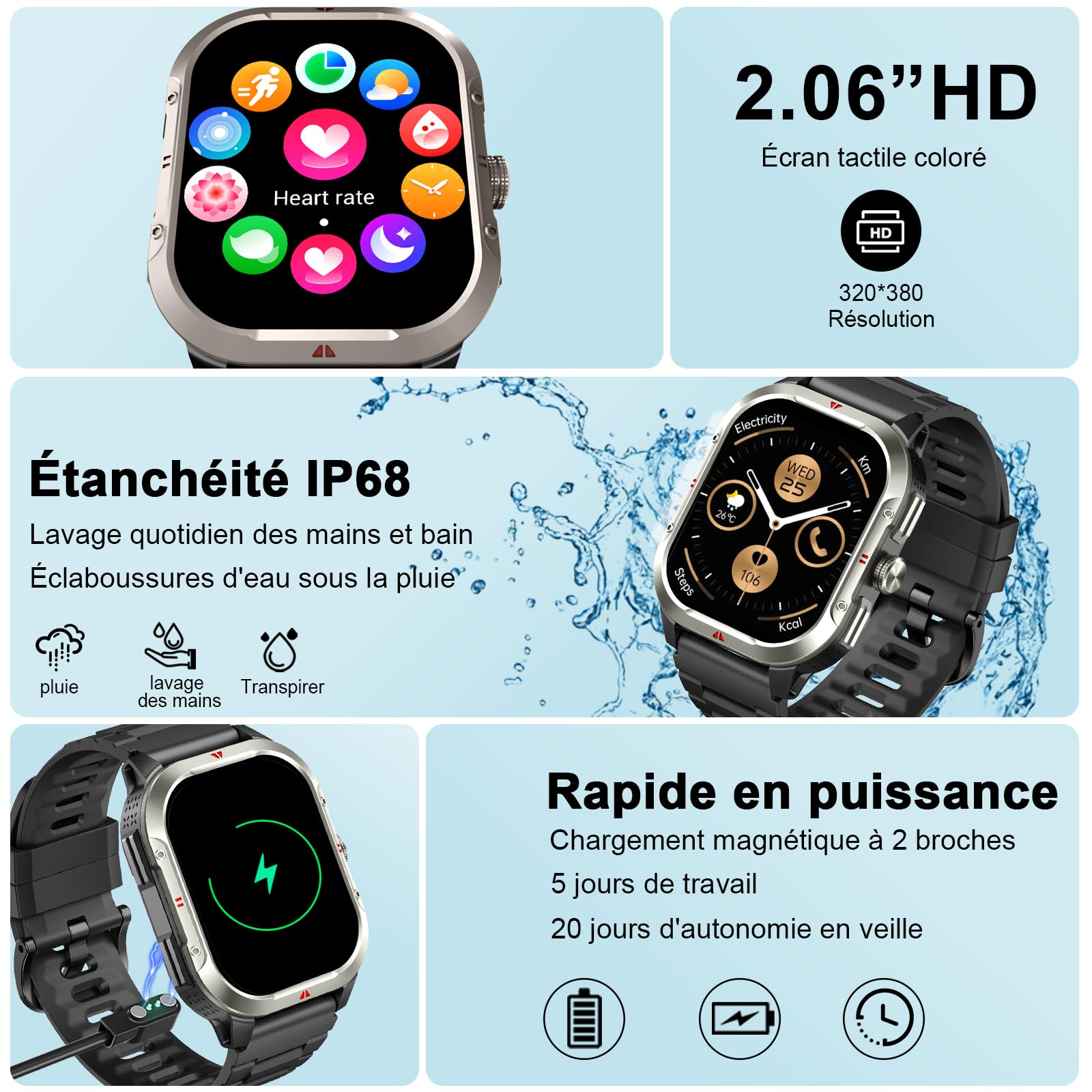 Montre connectée homme GPS intégré 2,06 pouces HD appel Bluetooth sport