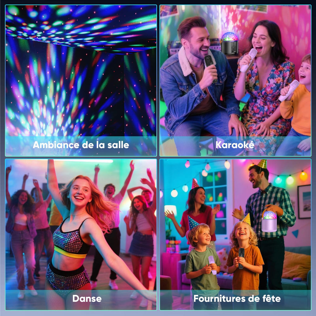 Enceinte karaoké Bluetooth lumineuse — 2 micros sans fil, 6 modes LED disco
