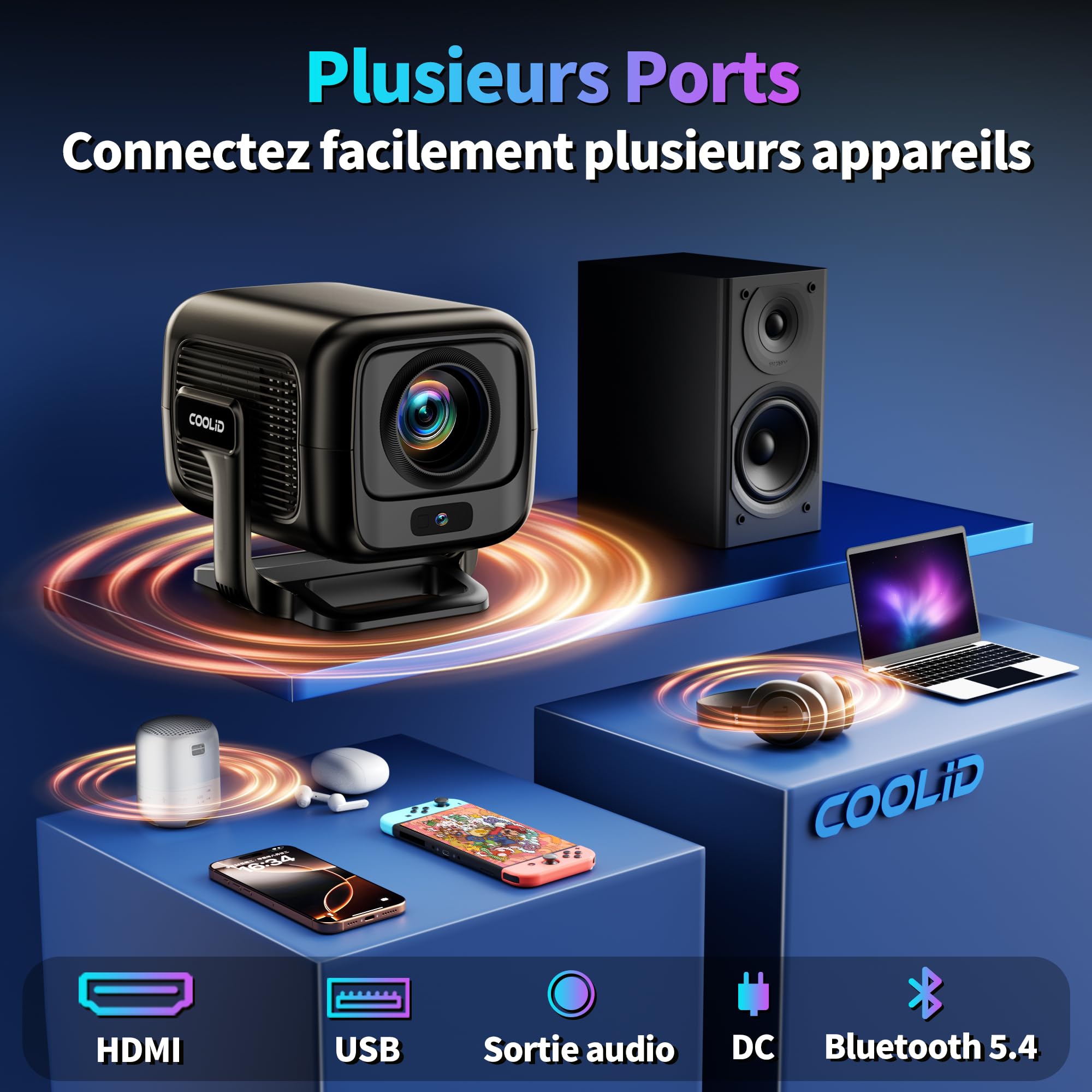 Vidéoprojecteur portable 1080P — WiFi 6, Bluetooth 5.4 bidirectionnel, autofocus et correction trapézoïdale, apps intégrées