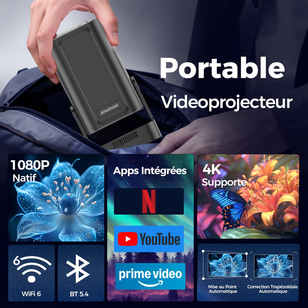 Mini vidéoprojecteur Android 1080P natif (4K pris en charge) — WiFi 6, Bluetooth 5.4, mise au point automatique