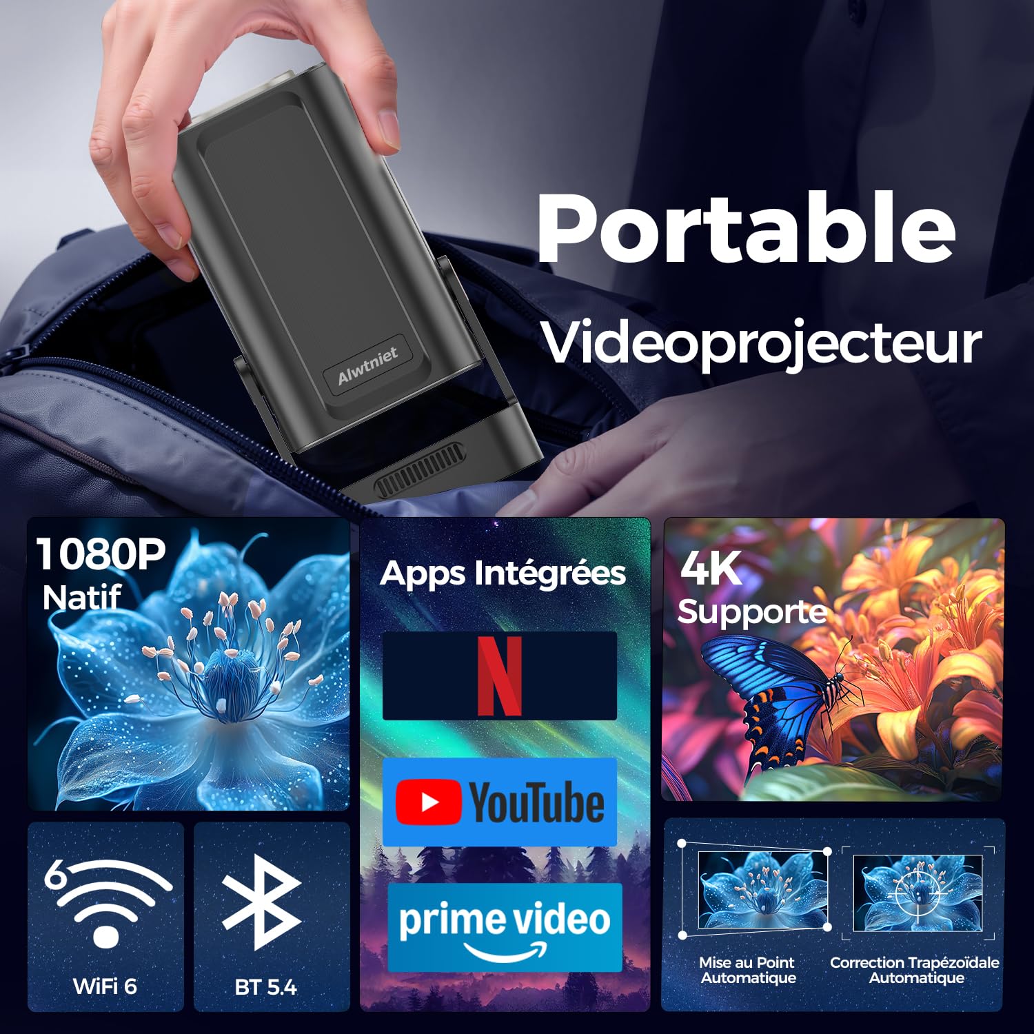 Mini vidéoprojecteur Android 1080P natif (4K pris en charge) — WiFi 6, Bluetooth 5.4, mise au point automatique