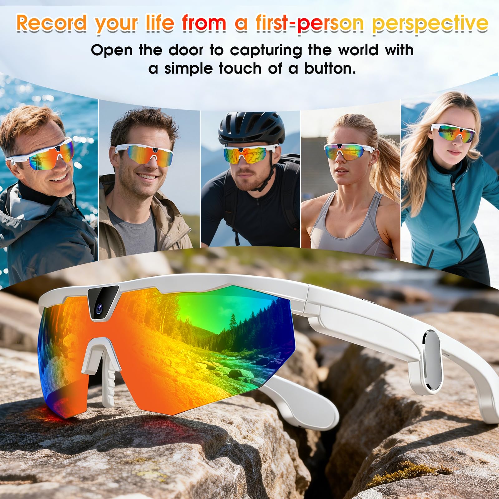 Lunettes connectées sport caméra HD — monture blanche, verres miroir