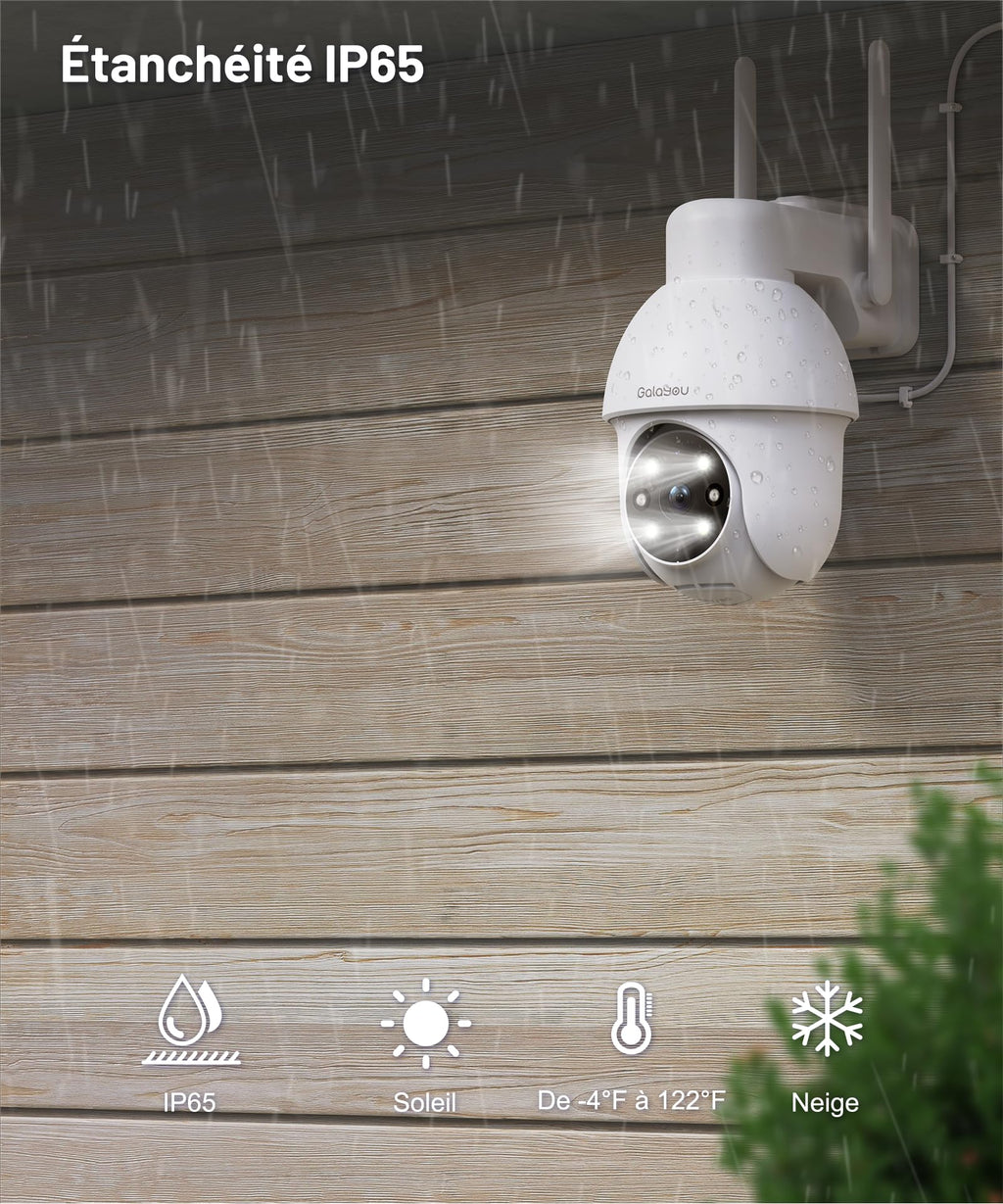 Caméra extérieure WiFi 2K PTZ 360° — vision nocturne couleur, sirène, enregistrement 24/7, IP65