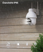 Caméra extérieure WiFi 2K PTZ 360° — vision nocturne couleur, sirène, enregistrement 24/7, IP65
