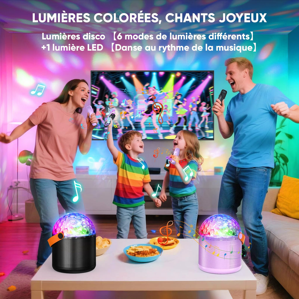 Enceinte karaoké Bluetooth lumineuse — 2 micros sans fil, 6 modes LED disco