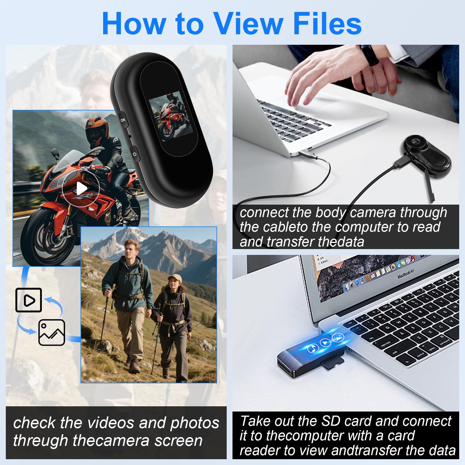 Mini caméra casque 1080P 27 g — écran HD, longue autonomie, kit de fixations universel