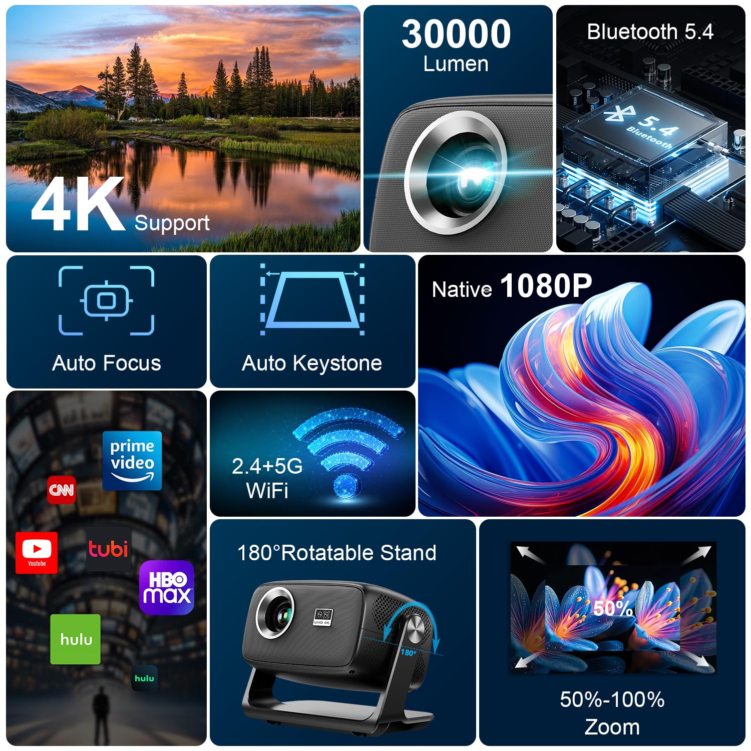 Vidéoprojecteur 4K mise au point automatique portable Android WiFi