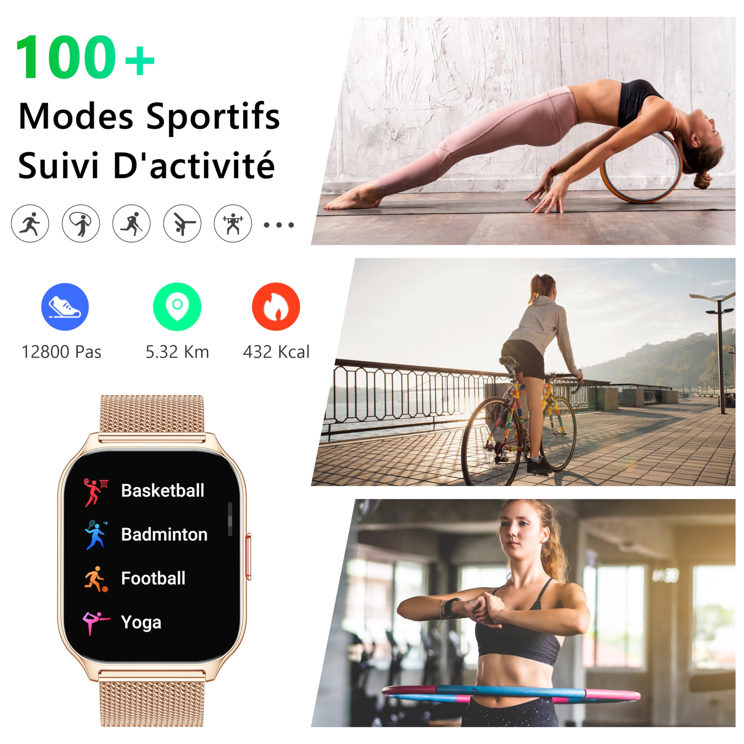 Montre connectée femme homme HD 2,0" — appels Bluetooth, SpO2, 100+ modes sport