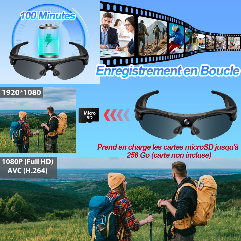 Lunettes connectées sport caméra 1080P HD grand angle 120° action