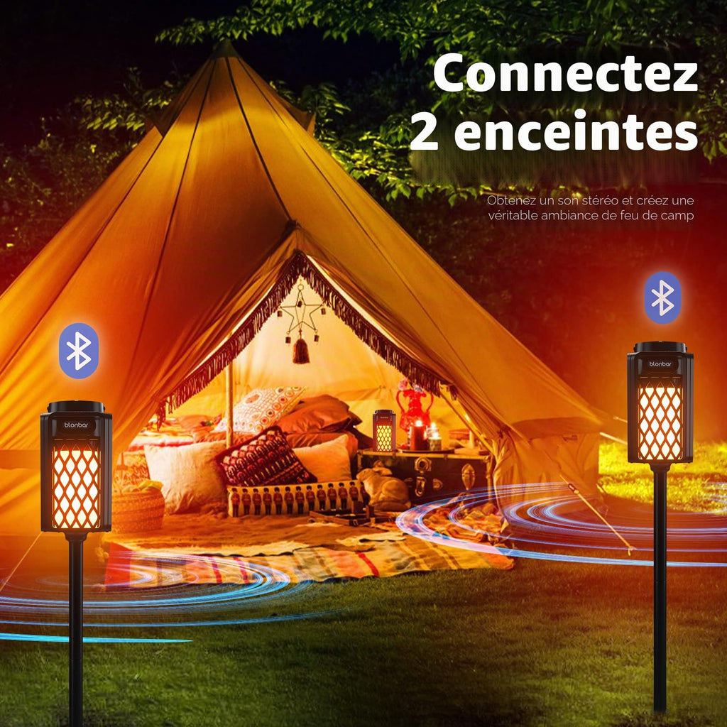 Enceinte Bluetooth lanterne à flamme LED — ambiance flamme réaliste, IP65, 24h, crochet et piquet