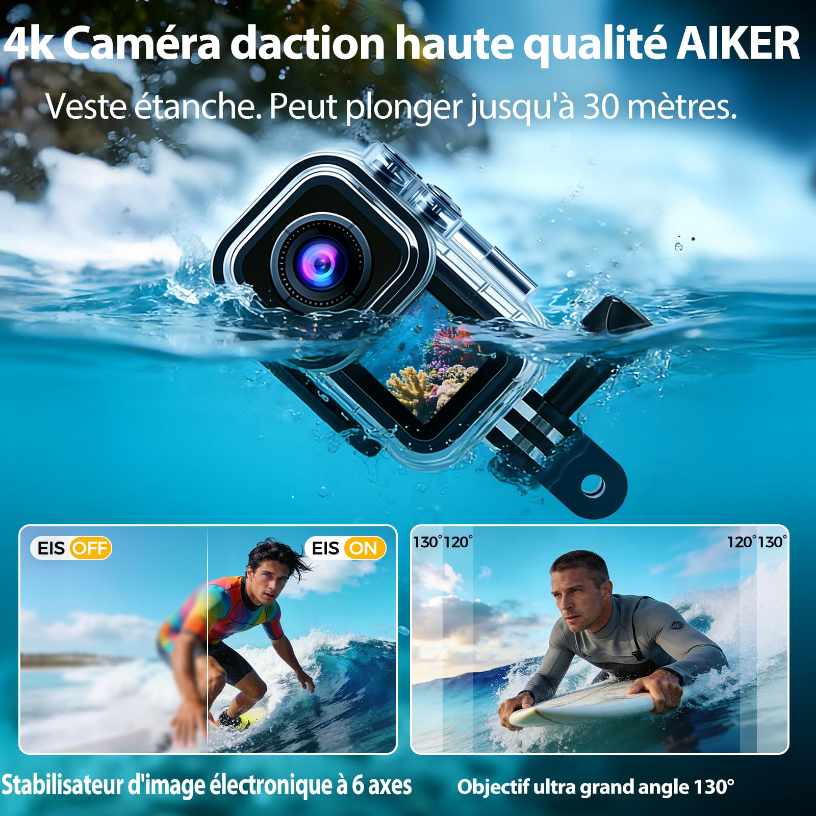 Caméra sport 4K 60fps double écran WiFi 130° stabilisation action cam