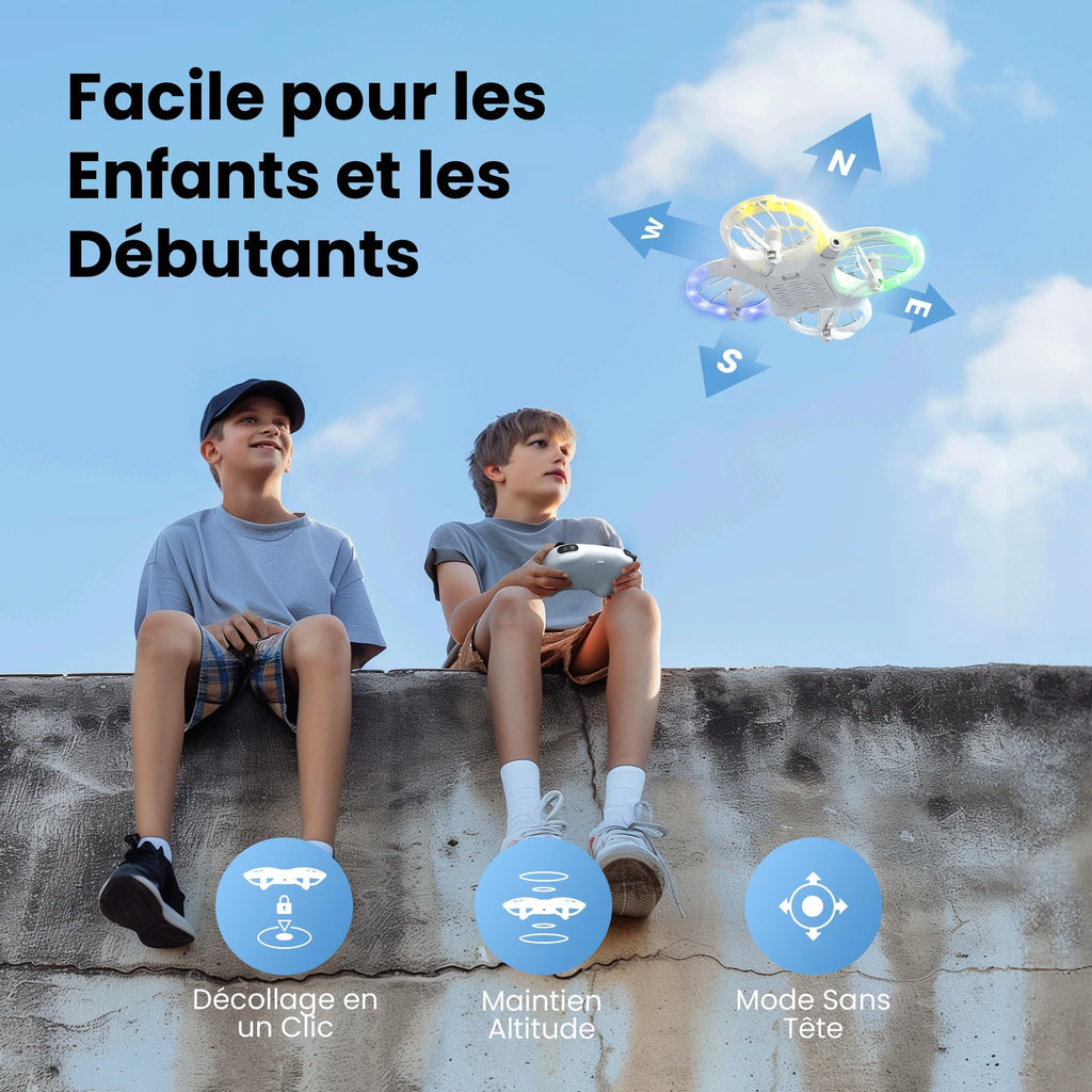 Drone caméra 1080P FPV — 32 LED RGB, flip 3D, vol circulaire, app STEM