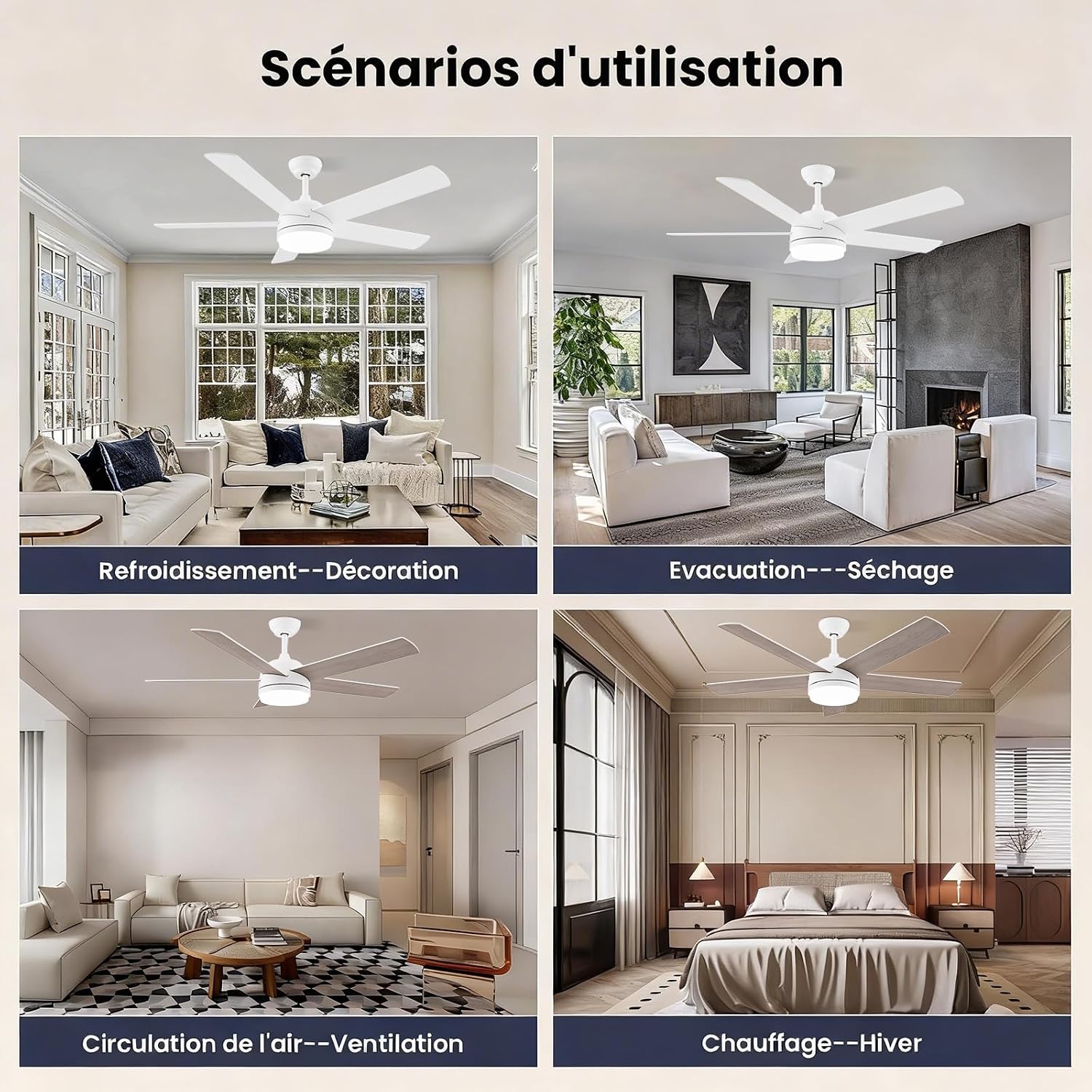 Ventilateur de plafond 152 cm blanc/bois LED — silencieux, 6 vitesses — vue 5