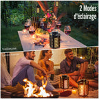 Enceinte Bluetooth lanterne à flamme LED — ambiance flamme réaliste, IP65, 24h, crochet et piquet