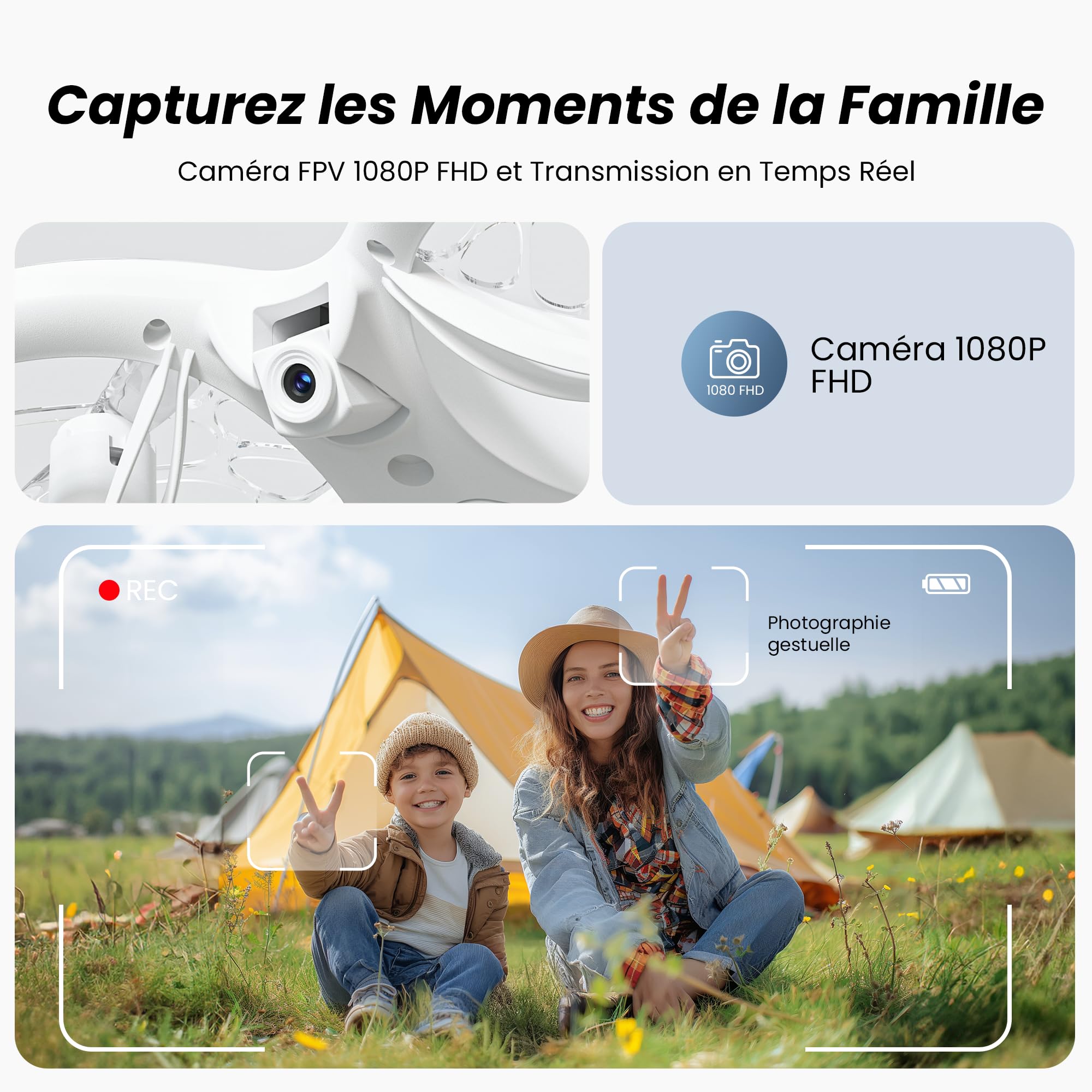 Drone caméra 1080P FPV — 32 LED RGB, flip 3D, vol circulaire, app STEM
