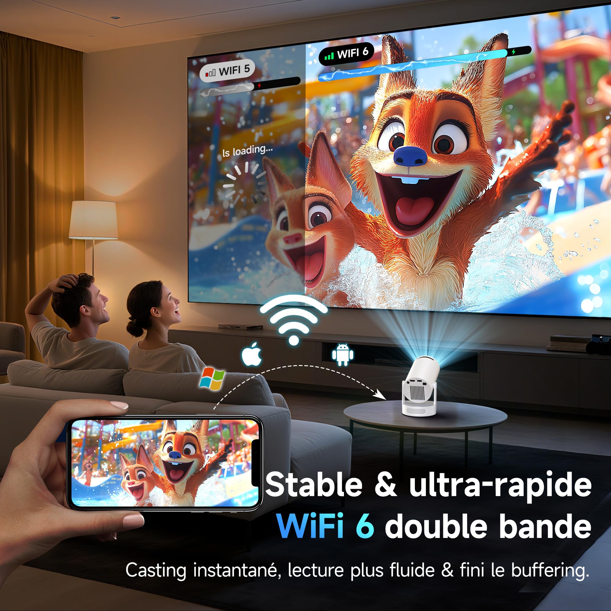 Vidéoprojecteur WiFi 6 & Bluetooth 5.4 — apps intégrées, image alignée automatiquement, installation rapide
