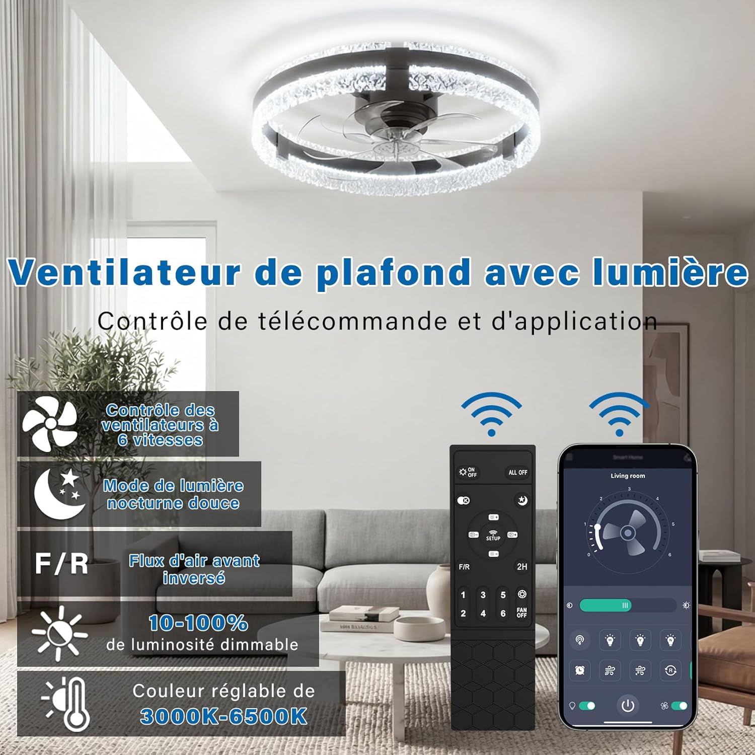 Ventilateur de plafond LED 50 cm noir — télécommande et appli, dimmable — vue 6