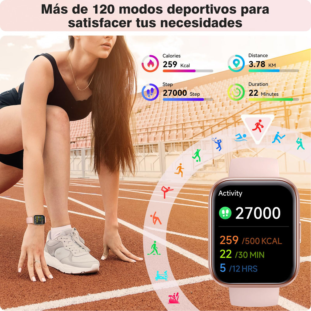Montre connectée femme 1,8" — appels Bluetooth, Alexa, 120 modes sport, IP68